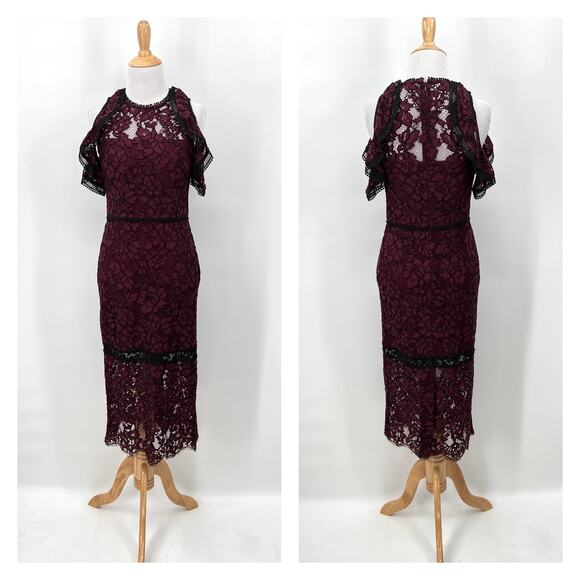 ALEXIS Evie Lace Midi Sheath Dress Womens Small Burgundy Crew Neck Cold Shoulder - Picture 4 of 16